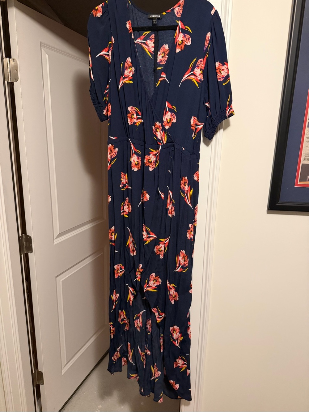 Express Navy Floral Wrap Maxi Dress with Pink and Coral Blooms